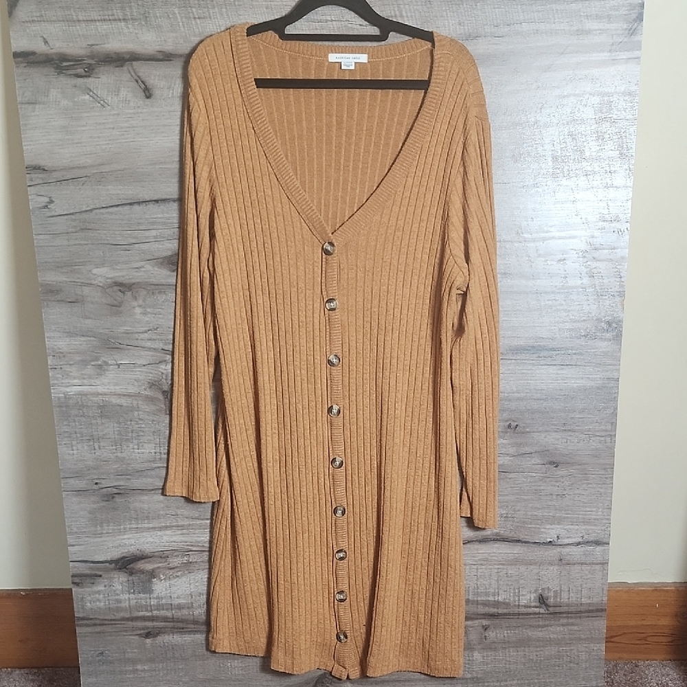 American Eagle Ribbed Button-Front Dress in Camel